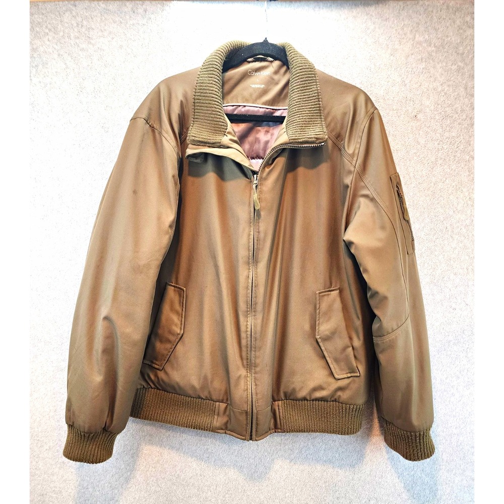 Calvin Klein Men's L Brown Bomber Jacket Water Resistant Full Zip Pockets